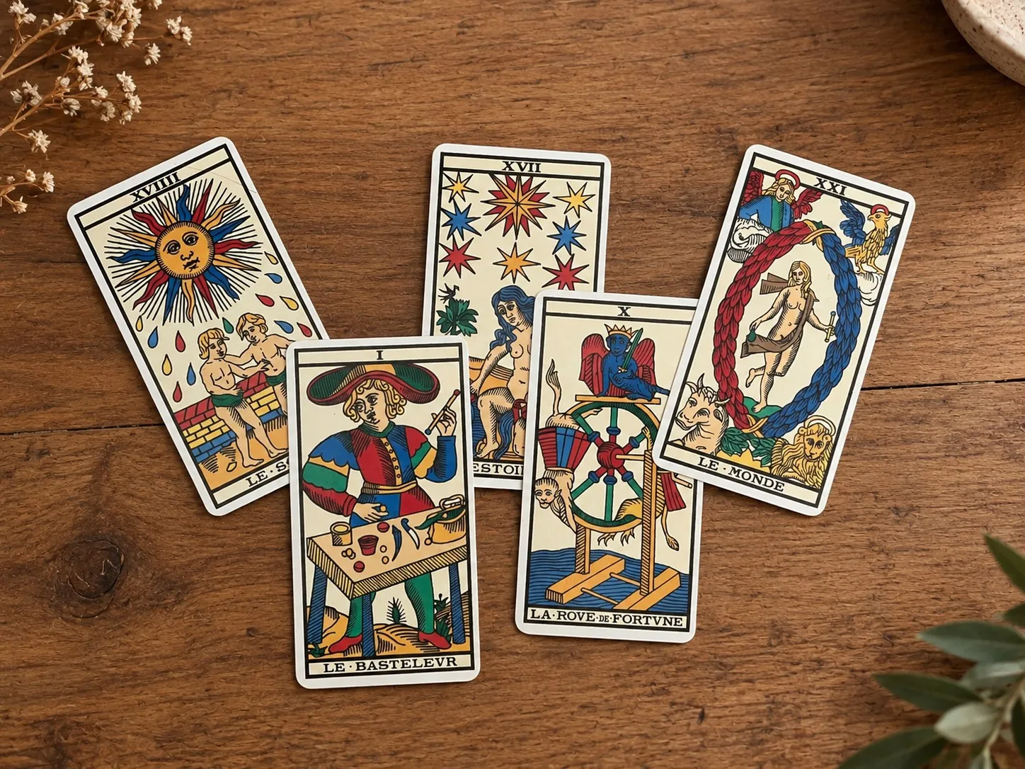 Cinq cartes du Tarot de Marseille étalées sur une table en bois : le Soleil, le Bateleur, l’Étoile, la Roue de Fortune et le Monde